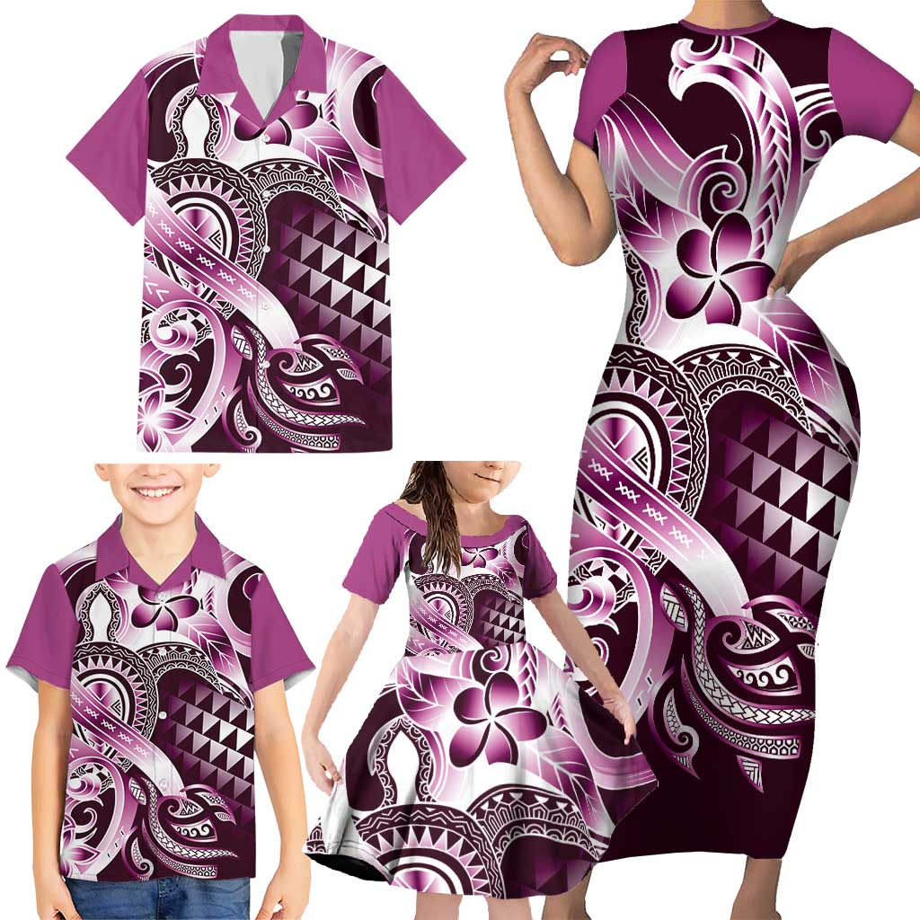 Aloha Pink Tribal Honu Tattoo Family Matching Short Sleeve Bodycon Dress and Hawaiian Shirt LT9 - Polynesian Pride