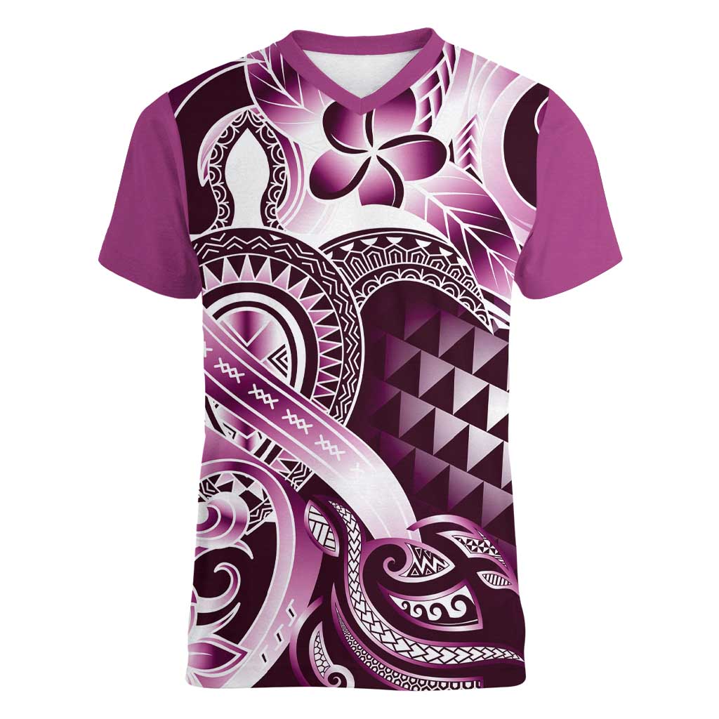 Aloha Pink Tribal Honu Tattoo Women V-Neck T-Shirt