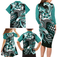 Aloha Turquoise Tribal Honu Tattoo Family Matching Long Sleeve Bodycon Dress and Hawaiian Shirt LT9 - Polynesian Pride