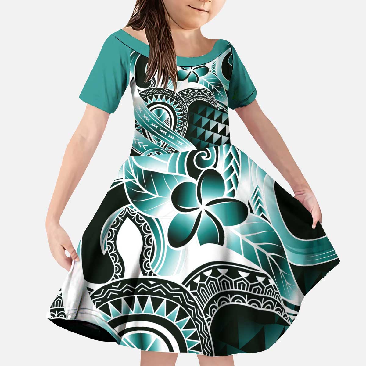 Aloha Turquoise Tribal Honu Tattoo Family Matching Off The Shoulder Long Sleeve Dress and Hawaiian Shirt LT9 Daughter's Dress Turquoise - Polynesian Pride