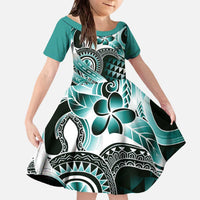 Aloha Turquoise Tribal Honu Tattoo Family Matching Off The Shoulder Long Sleeve Dress and Hawaiian Shirt LT9 Daughter's Dress Turquoise - Polynesian Pride