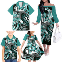 Aloha Turquoise Tribal Honu Tattoo Family Matching Off The Shoulder Long Sleeve Dress and Hawaiian Shirt LT9 - Polynesian Pride