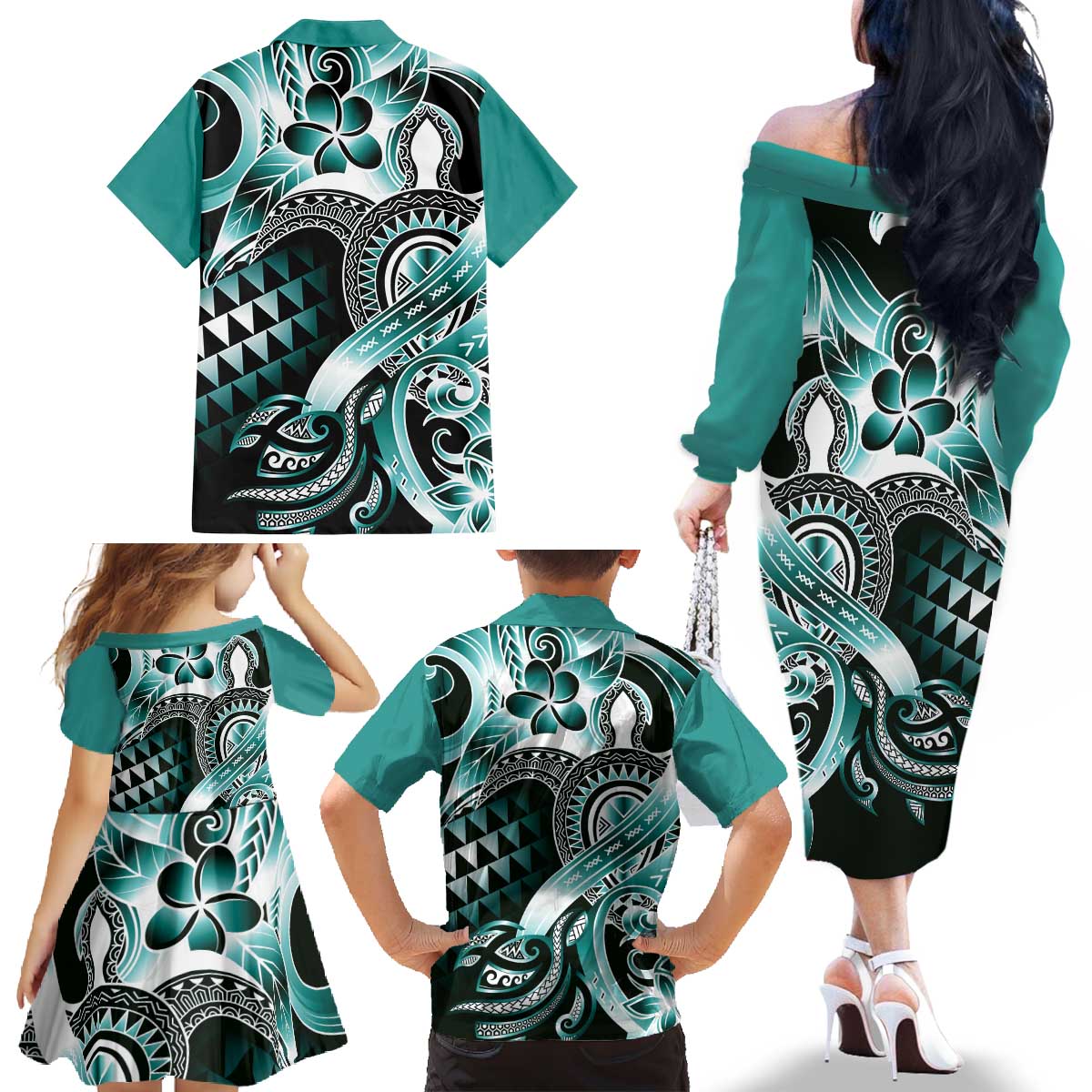 Aloha Turquoise Tribal Honu Tattoo Family Matching Off The Shoulder Long Sleeve Dress and Hawaiian Shirt LT9 - Polynesian Pride