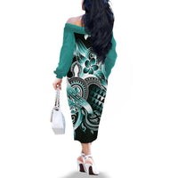 Aloha Turquoise Tribal Honu Tattoo Family Matching Off The Shoulder Long Sleeve Dress and Hawaiian Shirt LT9 - Polynesian Pride
