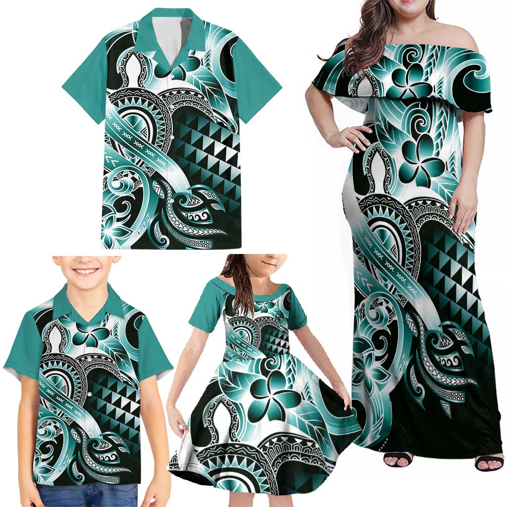 Aloha Turquoise Tribal Honu Tattoo Family Matching Off Shoulder Maxi Dress and Hawaiian Shirt LT9 - Polynesian Pride