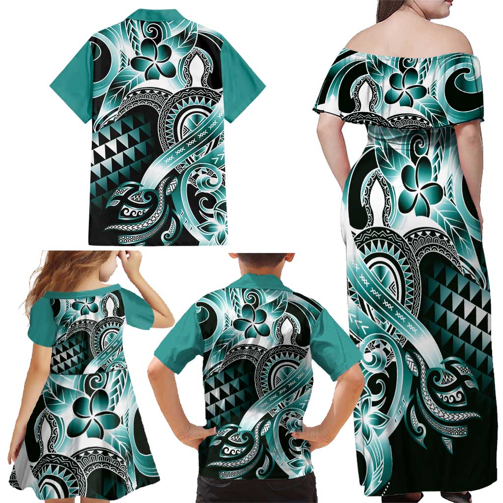 Aloha Turquoise Tribal Honu Tattoo Family Matching Off Shoulder Maxi Dress and Hawaiian Shirt LT9 - Polynesian Pride