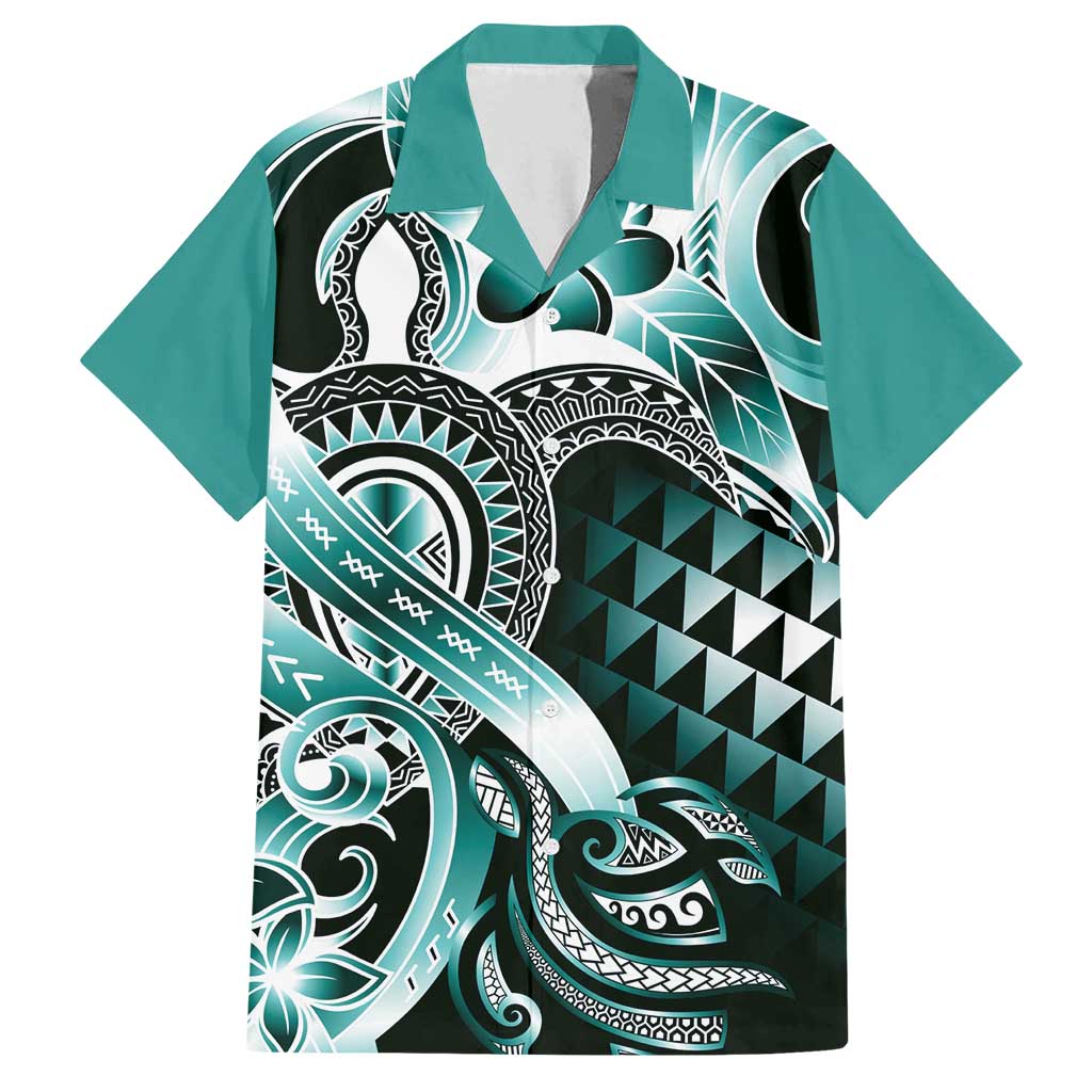 Aloha Turquoise Tribal Honu Tattoo Family Matching Off Shoulder Maxi Dress and Hawaiian Shirt LT9 Dad's Shirt - Short Sleeve Turquoise - Polynesian Pride