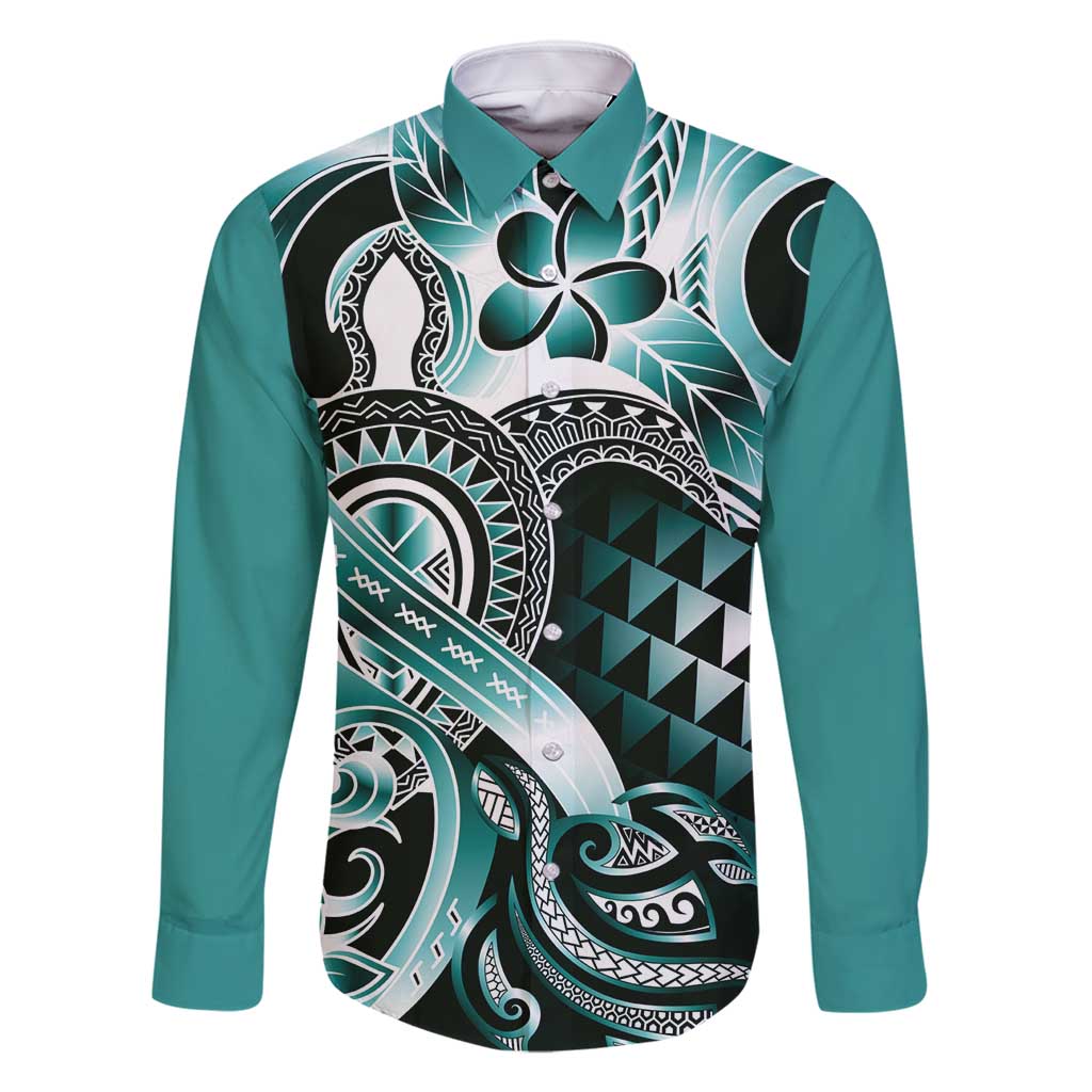 Aloha Turquoise Tribal Honu Tattoo Family Matching Off Shoulder Maxi Dress and Hawaiian Shirt LT9 Dad's Shirt - Long Sleeve Turquoise - Polynesian Pride