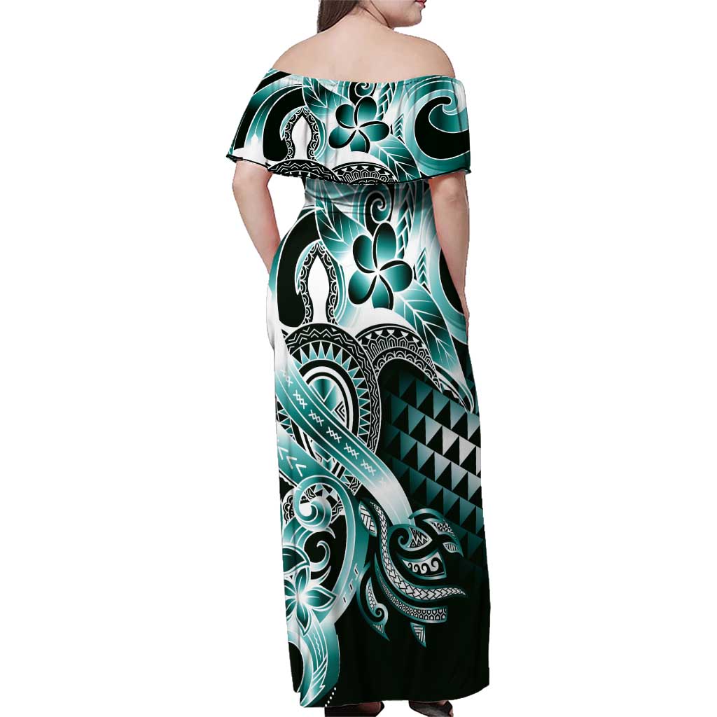 Aloha Turquoise Tribal Honu Tattoo Family Matching Off Shoulder Maxi Dress and Hawaiian Shirt LT9 - Polynesian Pride