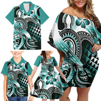 Aloha Turquoise Tribal Honu Tattoo Family Matching Off Shoulder Short Dress and Hawaiian Shirt LT9 - Polynesian Pride