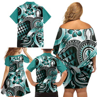 Aloha Turquoise Tribal Honu Tattoo Family Matching Off Shoulder Short Dress and Hawaiian Shirt LT9 - Polynesian Pride