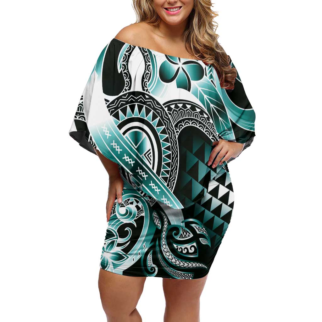 Aloha Turquoise Tribal Honu Tattoo Family Matching Off Shoulder Short Dress and Hawaiian Shirt LT9 Mom's Dress Turquoise - Polynesian Pride