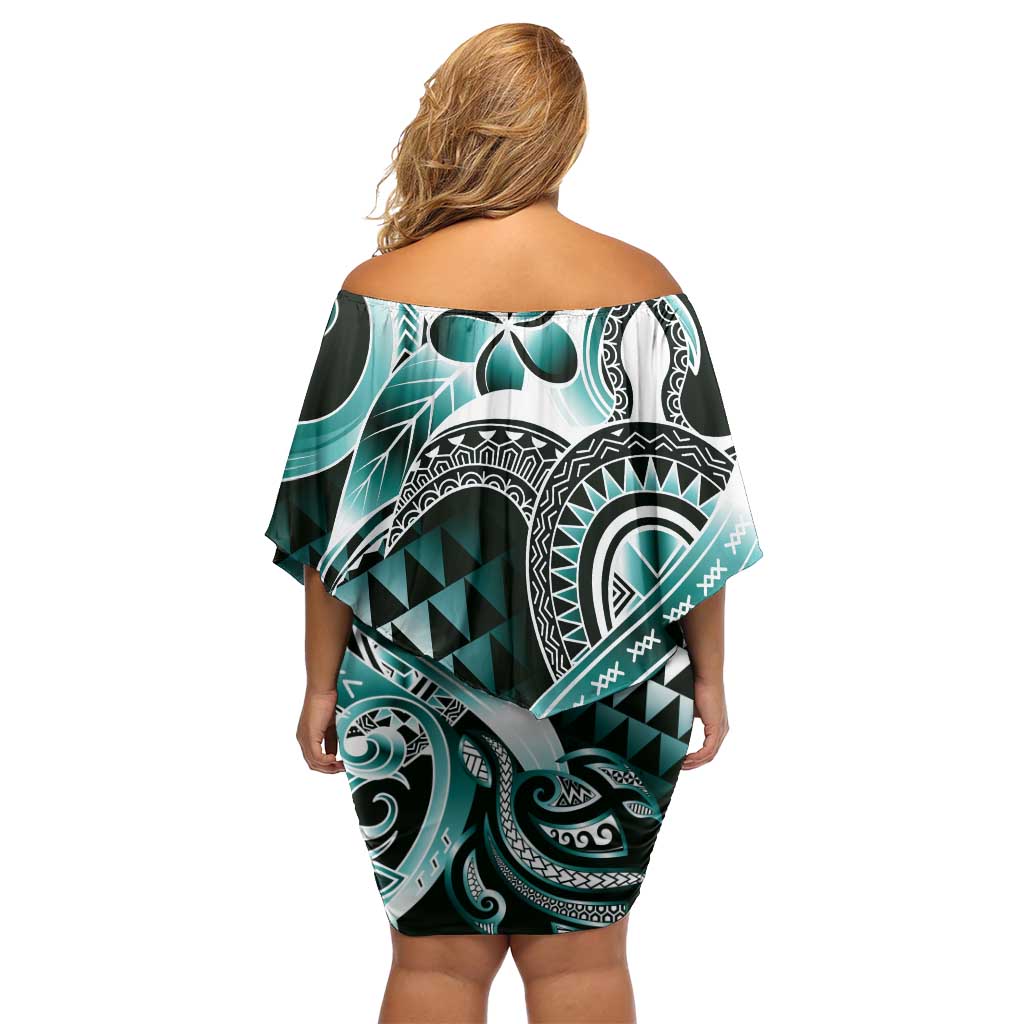 Aloha Turquoise Tribal Honu Tattoo Family Matching Off Shoulder Short Dress and Hawaiian Shirt LT9 - Polynesian Pride