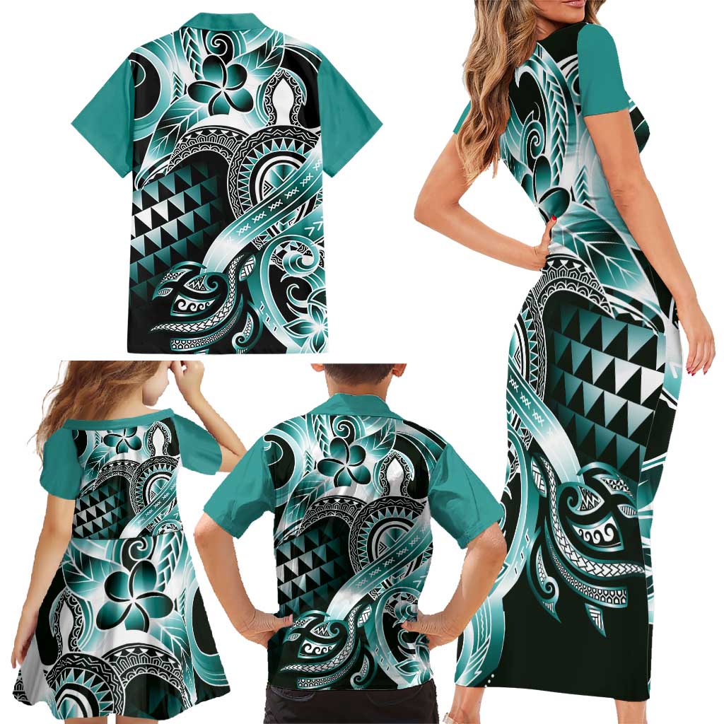 Aloha Turquoise Tribal Honu Tattoo Family Matching Short Sleeve Bodycon Dress and Hawaiian Shirt LT9 - Polynesian Pride