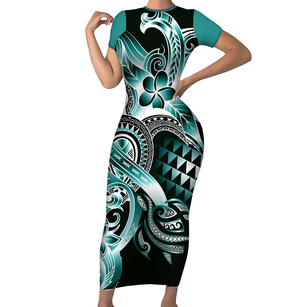 Aloha Turquoise Tribal Honu Tattoo Family Matching Short Sleeve Bodycon Dress and Hawaiian Shirt LT9 Mom's Dress Turquoise - Polynesian Pride