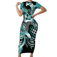 Aloha Turquoise Tribal Honu Tattoo Family Matching Short Sleeve Bodycon Dress and Hawaiian Shirt LT9 Mom's Dress Turquoise - Polynesian Pride