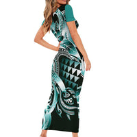 Aloha Turquoise Tribal Honu Tattoo Family Matching Short Sleeve Bodycon Dress and Hawaiian Shirt LT9 - Polynesian Pride