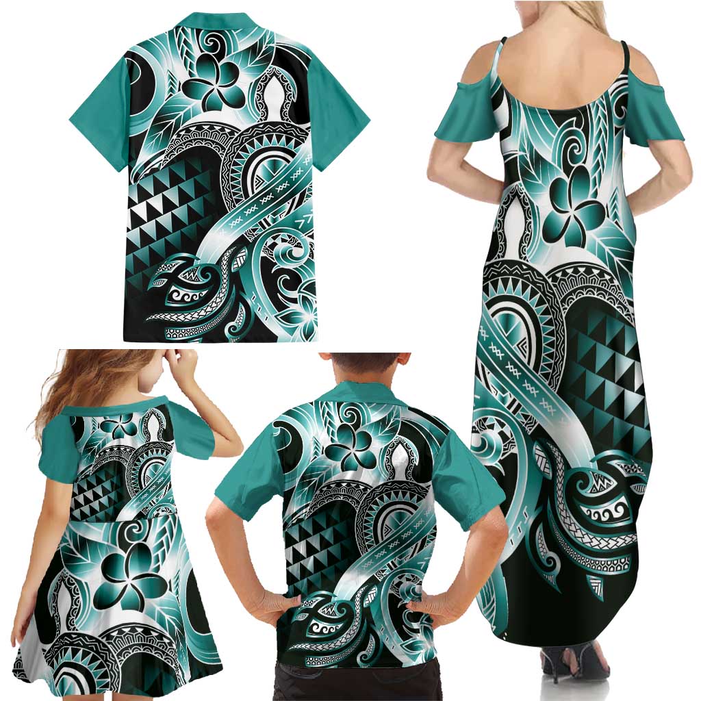 Aloha Turquoise Tribal Honu Tattoo Family Matching Summer Maxi Dress and Hawaiian Shirt LT9 - Polynesian Pride
