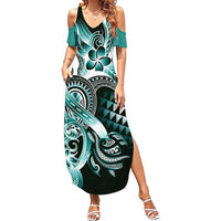 Aloha Turquoise Tribal Honu Tattoo Family Matching Summer Maxi Dress and Hawaiian Shirt LT9 Mom's Dress Turquoise - Polynesian Pride