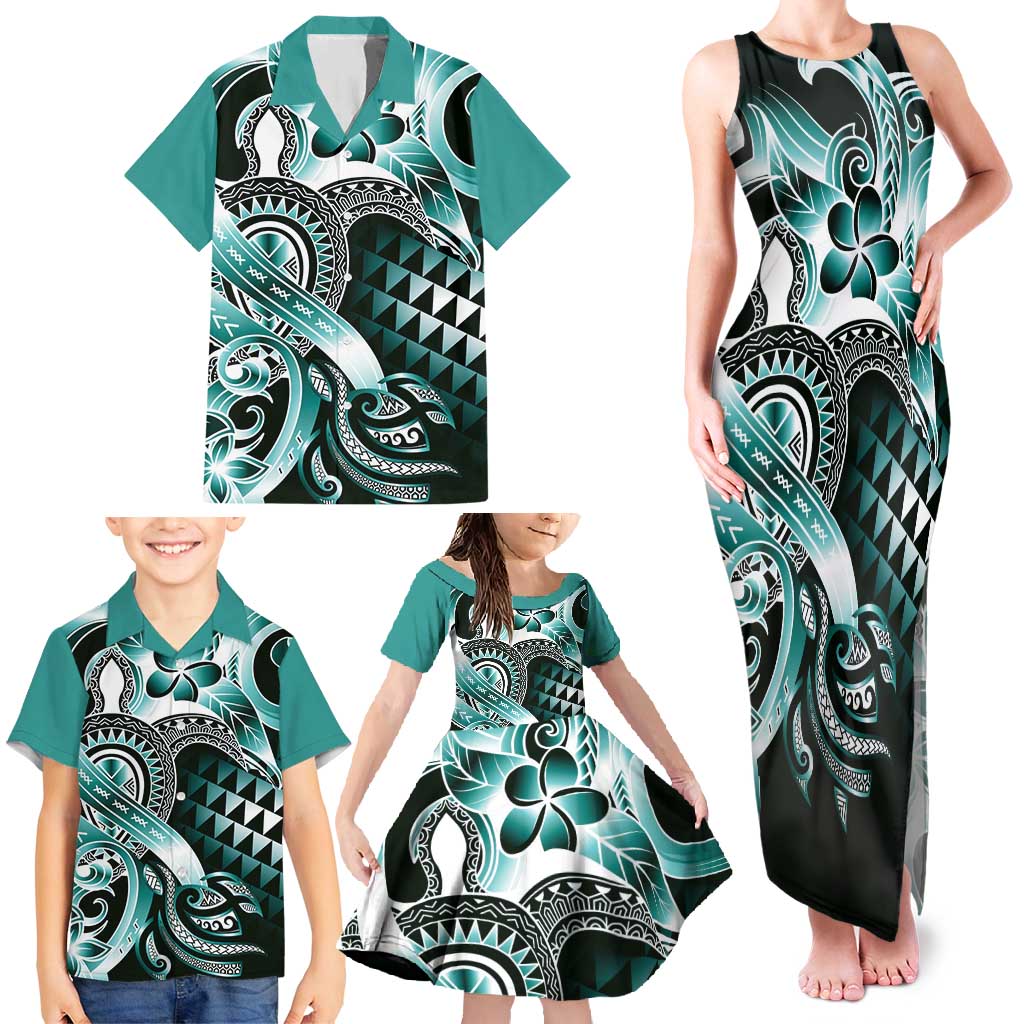 Aloha Turquoise Tribal Honu Tattoo Family Matching Tank Maxi Dress and Hawaiian Shirt LT9 - Polynesian Pride