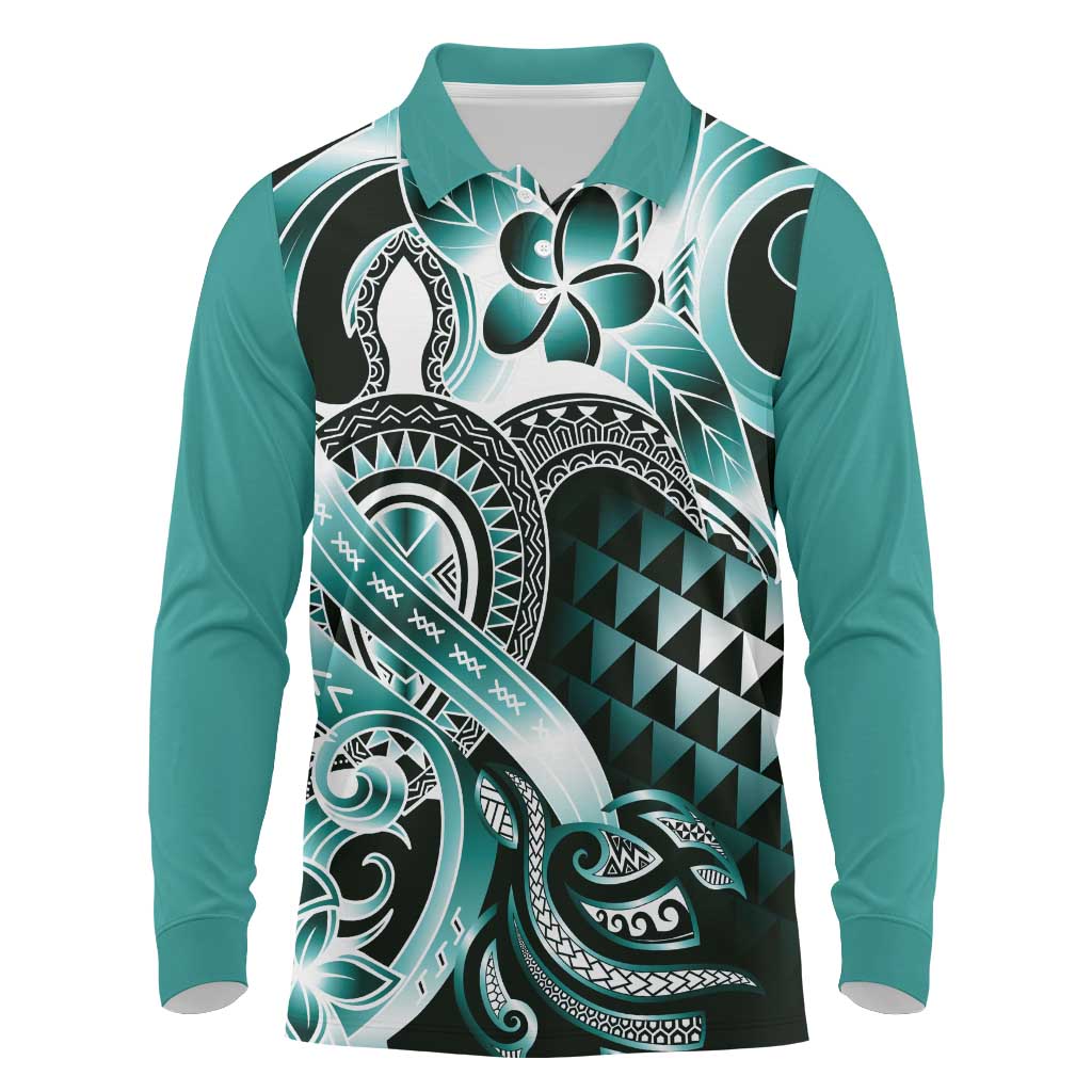 Aloha Turquoise Tribal Honu Tattoo Long Sleeve Polo Shirt
