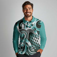 Aloha Turquoise Tribal Honu Tattoo Long Sleeve Polo Shirt