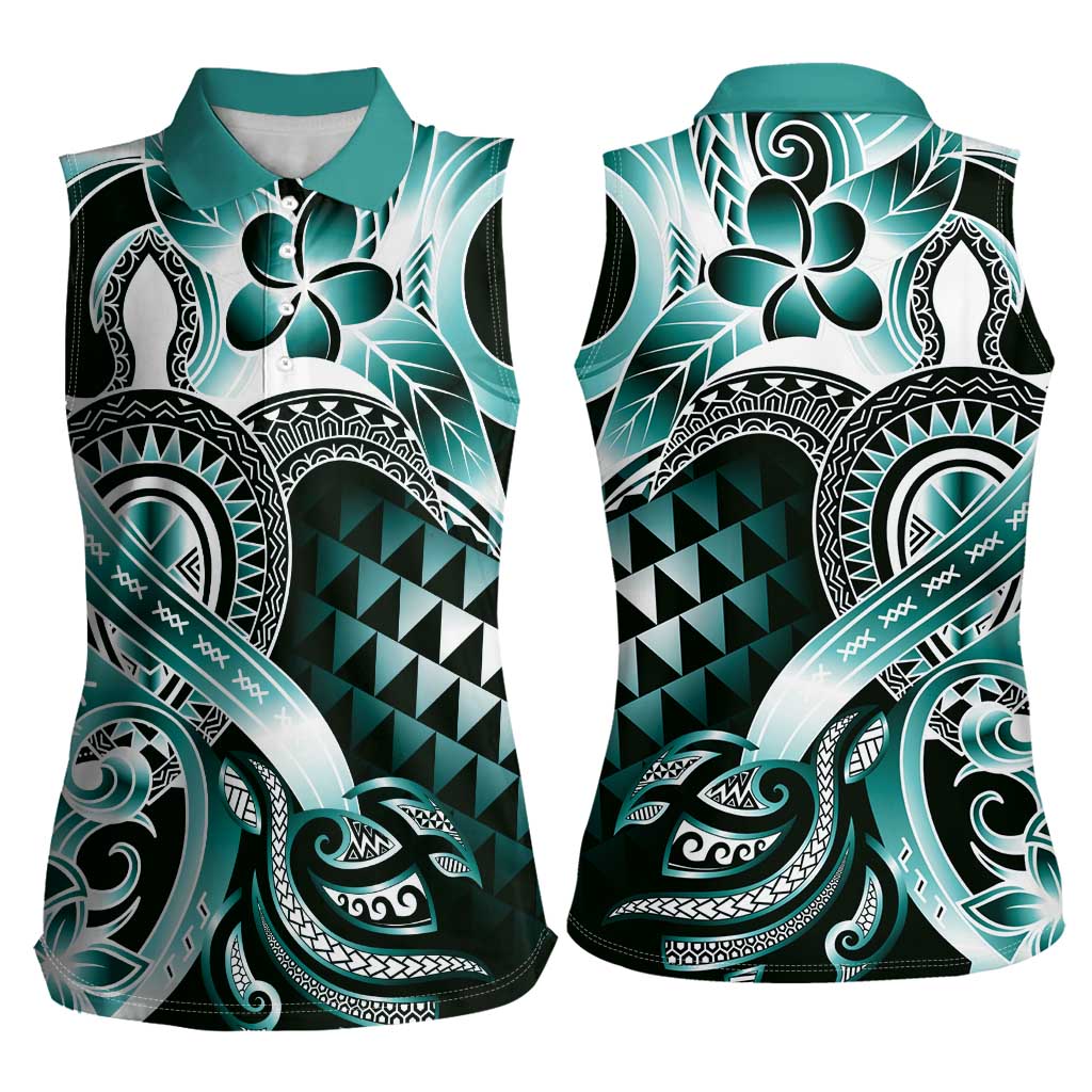 Aloha Turquoise Tribal Honu Tattoo Women Sleeveless Polo Shirt