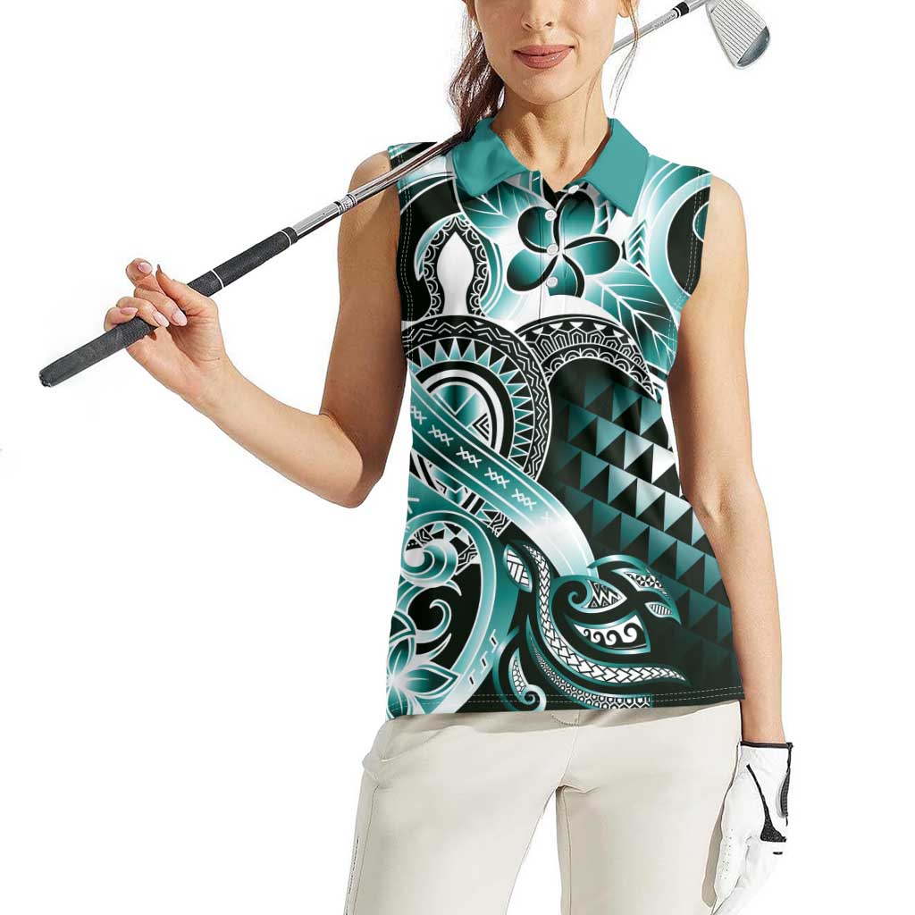 Aloha Turquoise Tribal Honu Tattoo Women Sleeveless Polo Shirt