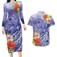 Personalised Chuuk States Humpback Whale Couples Matching Long Sleeve Bodycon Dress and Hawaiian Shirt Polynesian Tropical Flowers LT9 Blue - Polynesian Pride