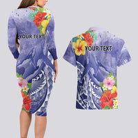 Personalised Chuuk States Humpback Whale Couples Matching Long Sleeve Bodycon Dress and Hawaiian Shirt Polynesian Tropical Flowers LT9 - Polynesian Pride