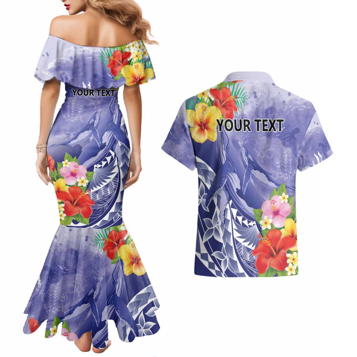 Personalised Chuuk States Humpback Whale Couples Matching Mermaid Dress and Hawaiian Shirt Polynesian Tropical Flowers LT9 - Polynesian Pride