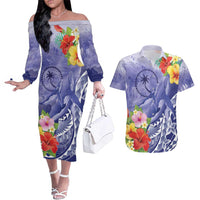 Personalised Chuuk States Humpback Whale Couples Matching Off The Shoulder Long Sleeve Dress and Hawaiian Shirt Polynesian Tropical Flowers LT9 Blue - Polynesian Pride