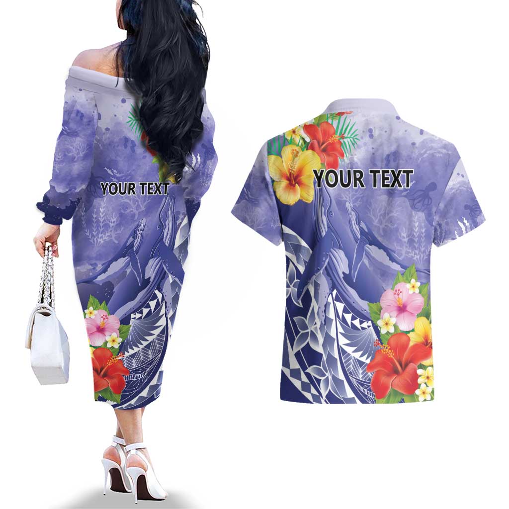 Personalised Chuuk States Humpback Whale Couples Matching Off The Shoulder Long Sleeve Dress and Hawaiian Shirt Polynesian Tropical Flowers LT9 - Polynesian Pride