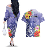 Personalised Chuuk States Humpback Whale Couples Matching Off The Shoulder Long Sleeve Dress and Hawaiian Shirt Polynesian Tropical Flowers LT9 - Polynesian Pride