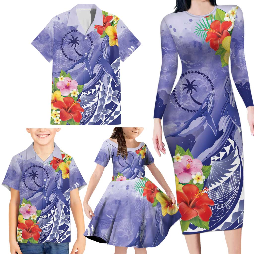 Personalised Chuuk States Humpback Whale Family Matching Long Sleeve Bodycon Dress and Hawaiian Shirt Polynesian Tropical Flowers LT9 - Polynesian Pride