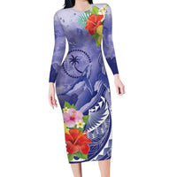 Personalised Chuuk States Humpback Whale Family Matching Long Sleeve Bodycon Dress and Hawaiian Shirt Polynesian Tropical Flowers LT9 Mom's Dress Blue - Polynesian Pride