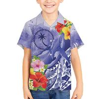 Personalised Chuuk States Humpback Whale Family Matching Long Sleeve Bodycon Dress and Hawaiian Shirt Polynesian Tropical Flowers LT9 Son's Shirt Blue - Polynesian Pride