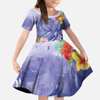 Personalised Chuuk States Humpback Whale Family Matching Mermaid Dress and Hawaiian Shirt Polynesian Tropical Flowers LT9 Daughter's Dress Blue - Polynesian Pride