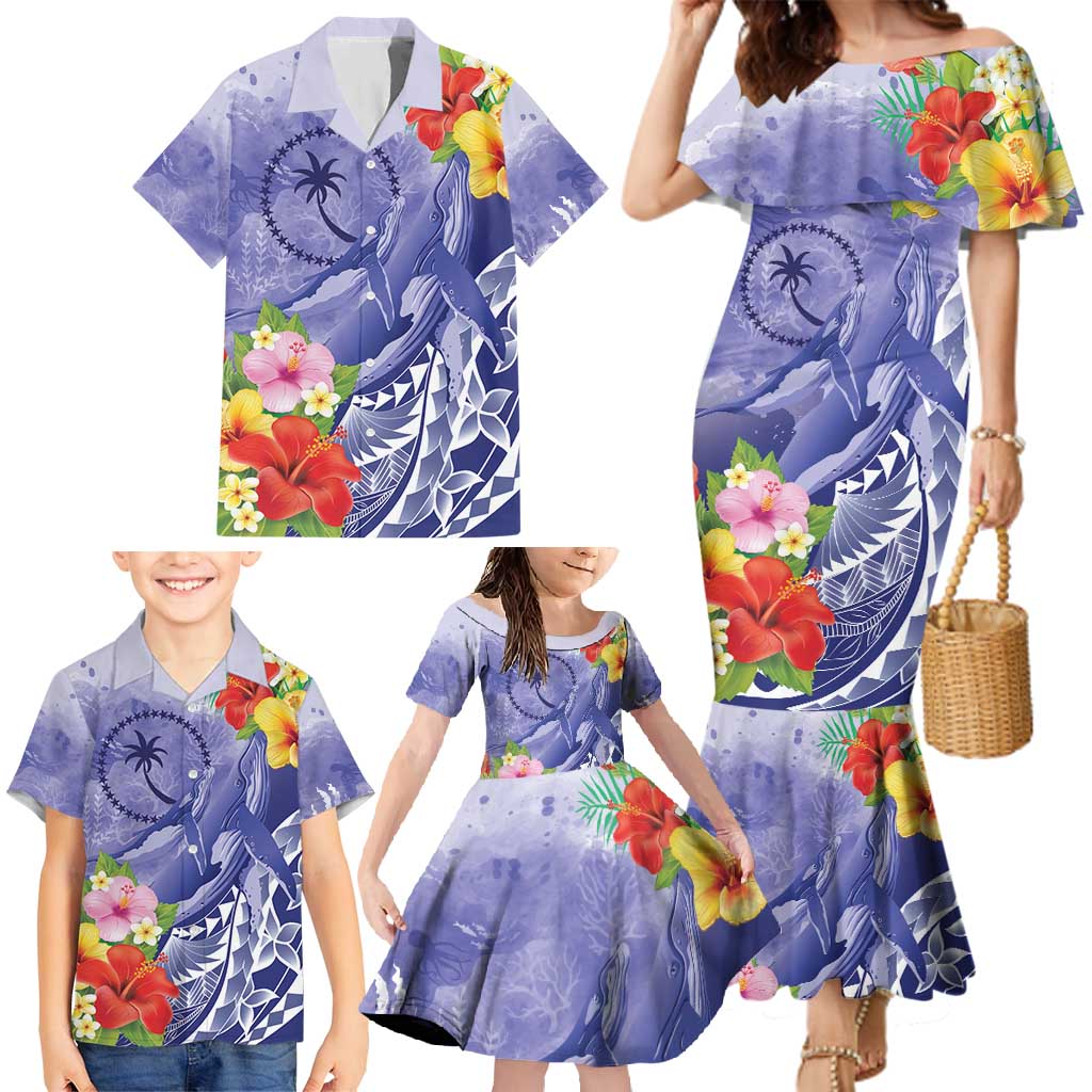Personalised Chuuk States Humpback Whale Family Matching Mermaid Dress and Hawaiian Shirt Polynesian Tropical Flowers LT9 - Polynesian Pride
