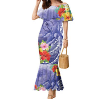 Personalised Chuuk States Humpback Whale Family Matching Mermaid Dress and Hawaiian Shirt Polynesian Tropical Flowers LT9 Mom's Dress Blue - Polynesian Pride