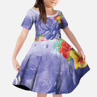 Personalised Chuuk States Humpback Whale Family Matching Off The Shoulder Long Sleeve Dress and Hawaiian Shirt Polynesian Tropical Flowers LT9 Daughter's Dress Blue - Polynesian Pride