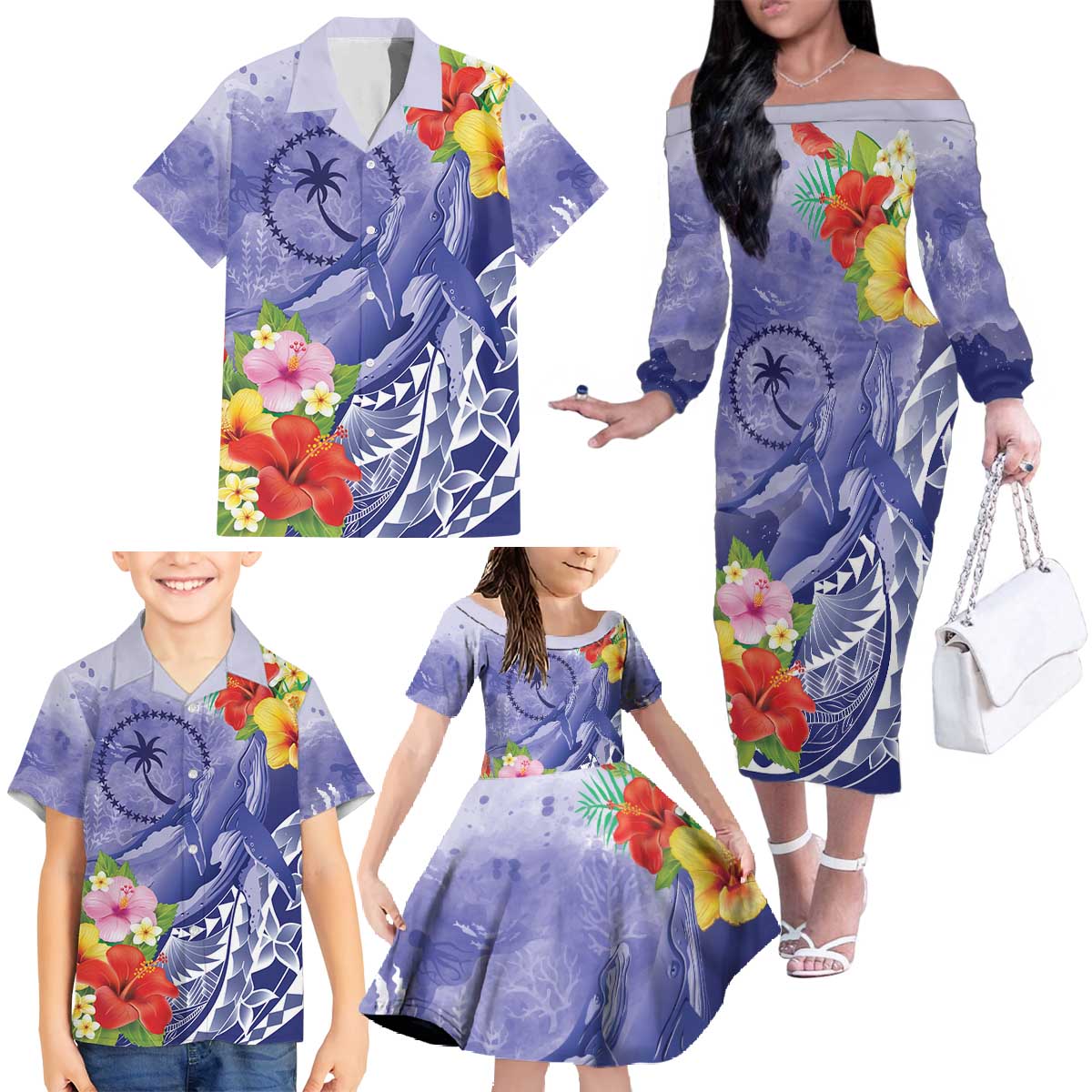 Personalised Chuuk States Humpback Whale Family Matching Off The Shoulder Long Sleeve Dress and Hawaiian Shirt Polynesian Tropical Flowers LT9 - Polynesian Pride