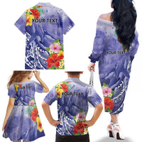 Personalised Chuuk States Humpback Whale Family Matching Off The Shoulder Long Sleeve Dress and Hawaiian Shirt Polynesian Tropical Flowers LT9 - Polynesian Pride