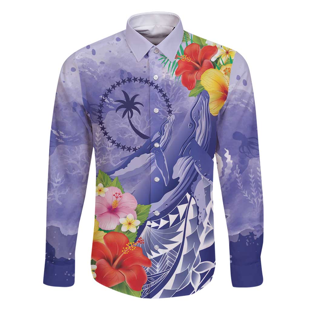 Personalised Chuuk States Humpback Whale Family Matching Off Shoulder Maxi Dress and Hawaiian Shirt Polynesian Tropical Flowers LT9 Dad's Shirt - Long Sleeve Blue - Polynesian Pride