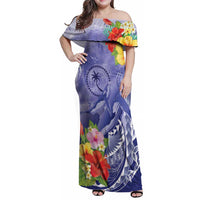 Personalised Chuuk States Humpback Whale Family Matching Off Shoulder Maxi Dress and Hawaiian Shirt Polynesian Tropical Flowers LT9 Mom's Dress Blue - Polynesian Pride
