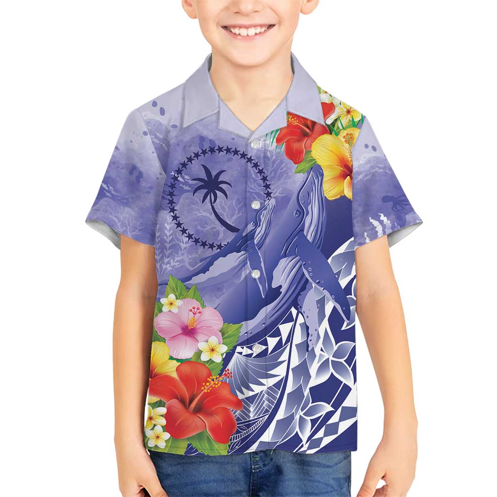 Personalised Chuuk States Humpback Whale Family Matching Puletasi and Hawaiian Shirt Polynesian Tropical Flowers LT9 Son's Shirt Blue - Polynesian Pride
