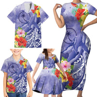 Personalised Chuuk States Humpback Whale Family Matching Short Sleeve Bodycon Dress and Hawaiian Shirt Polynesian Tropical Flowers LT9 - Polynesian Pride