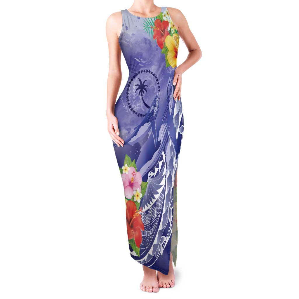 Personalised Chuuk States Humpback Whale Family Matching Tank Maxi Dress and Hawaiian Shirt Polynesian Tropical Flowers LT9 Mom's Dress Blue - Polynesian Pride