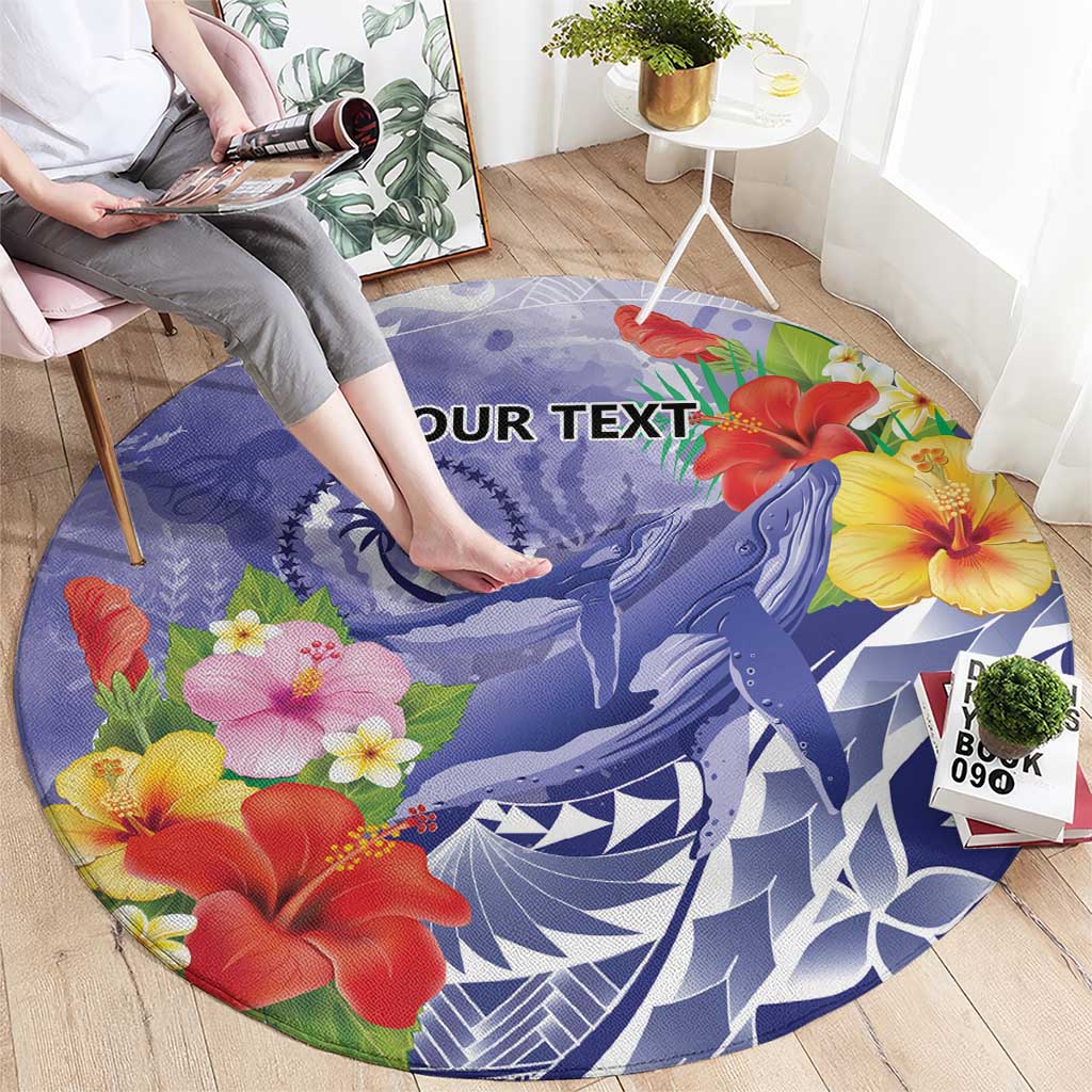 Personalised Chuuk States Humpback Whale Round Carpet Polynesian Tropical Flowers