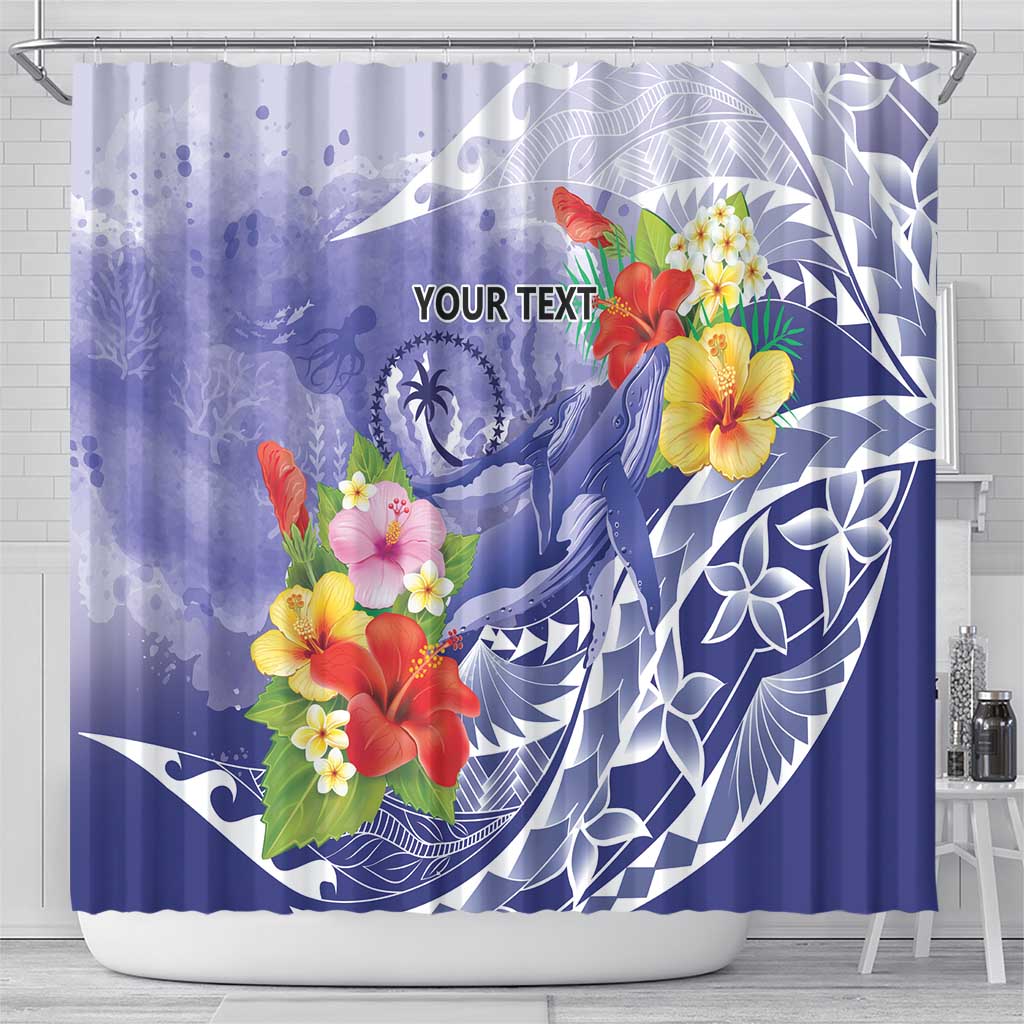 Personalised Chuuk States Humpback Whale Shower Curtain Polynesian Tropical Flowers